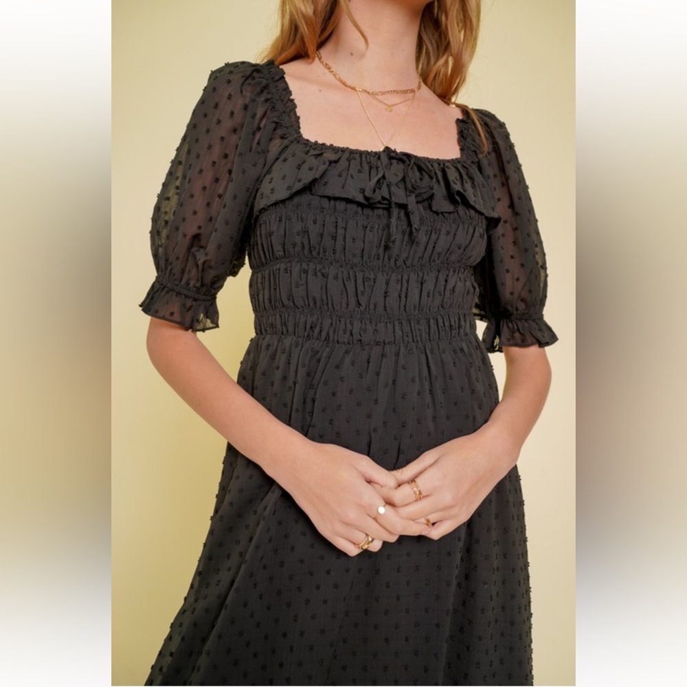 719. Hem & Thread Black Chiffon Midi Dress Smocked Ruffle Sleeve NEW Item - Picture 3 of 9